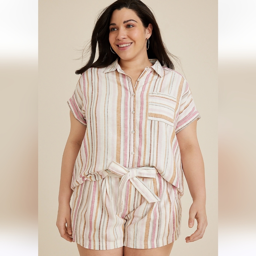 NWT 2X Set Maurices Linen Striped Top with Button-Down Shirt Q-2336